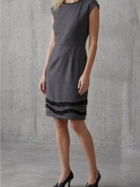 Tahari Women's Charcoal Sheath Dress with Tiered Fringe Hem